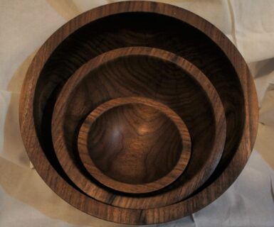 Set of three bowls cored from the same piece of walnut